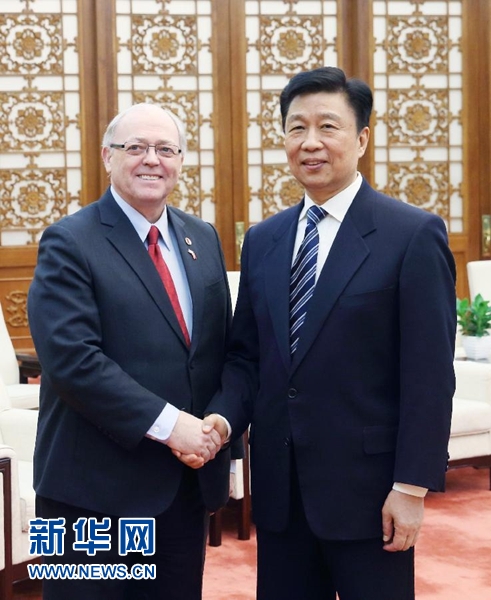1月4日，中國國家副主席李源潮在北京人民大會堂會見加拿大參議長富里。新華社記者 姚大偉 攝