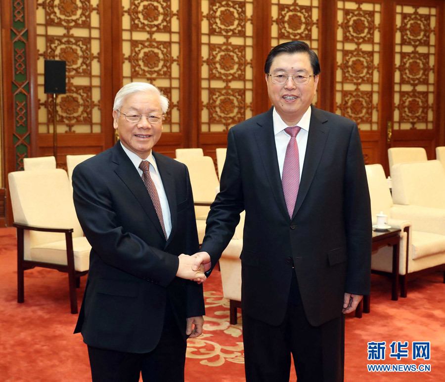 1月13日，中共中央政治局常委、全國人大常委會委員長張德江在北京人民大會堂會見越共中央總書記阮富仲。 新華社記者 劉衛(wèi)兵 攝