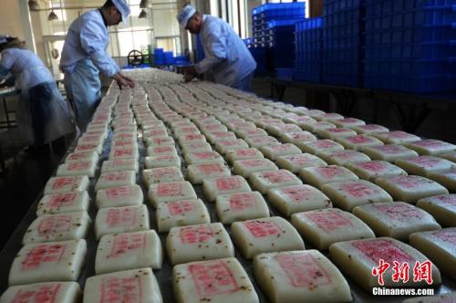 資料圖：師傅們在把制作好的桂花糖年糕擺放整齊。王思哲 攝