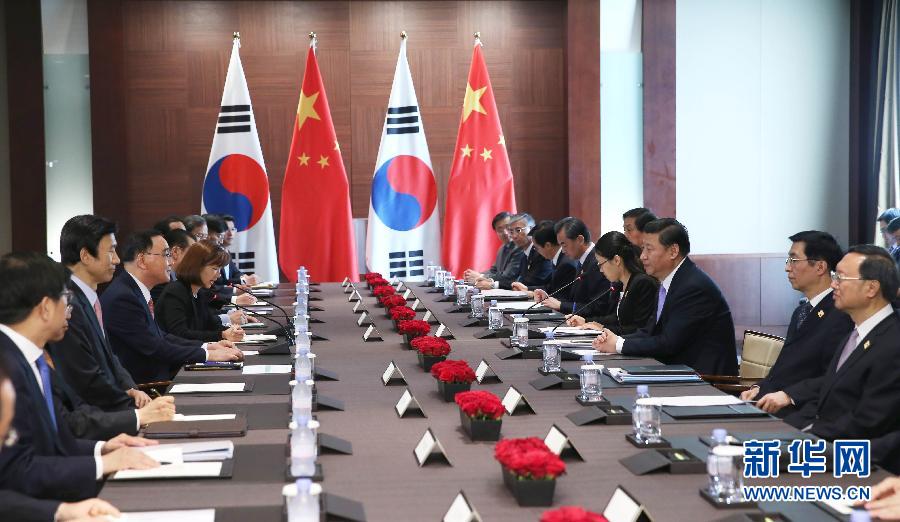 7月4日，國家主席習(xí)近平在首爾會(huì)見韓國總理鄭烘原。 新華社記者謝環(huán)馳攝 