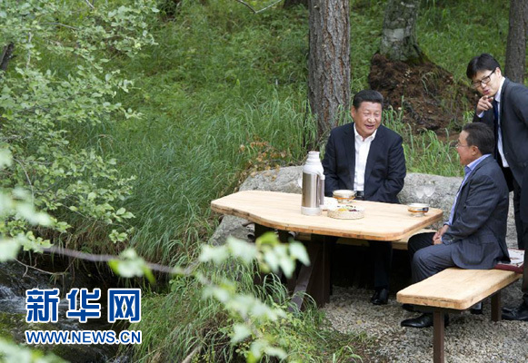 8月22日，國家主席習近平同蒙古國總統(tǒng)額勒貝格道爾吉在烏蘭巴托市郊的總統(tǒng)官邸再次會晤。這是習近平同額勒貝格道爾吉會晤后在溪畔飲茶。新華社記者 黃敬文 攝