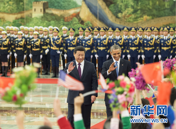 11月12日，國家主席習(xí)近平在北京人民大會堂舉行歡迎儀式，歡迎美國總統(tǒng)奧巴馬對中國進行國事訪問。 新華社記者 黃敬文 攝