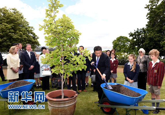 11月18日，國家主席習(xí)近平在澳大利亞塔斯馬尼亞州與朗塞斯頓市斯科奇－歐克伯恩小學(xué)的小學(xué)生共同植樹。新華社記者 饒愛民 攝