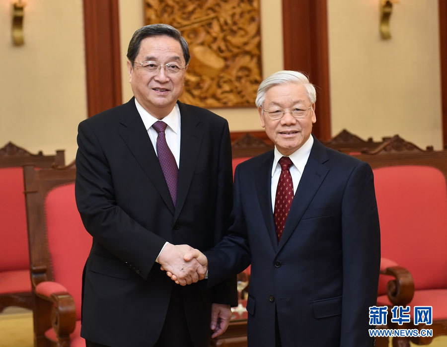 12月25日至27日，中共中央政治局常委、全國(guó)政協(xié)主席俞正聲對(duì)越南進(jìn)行正式訪問(wèn)。這是12月26日，俞正聲在河內(nèi)會(huì)見(jiàn)越共中央總書記阮富仲。 新華社記者劉建生攝