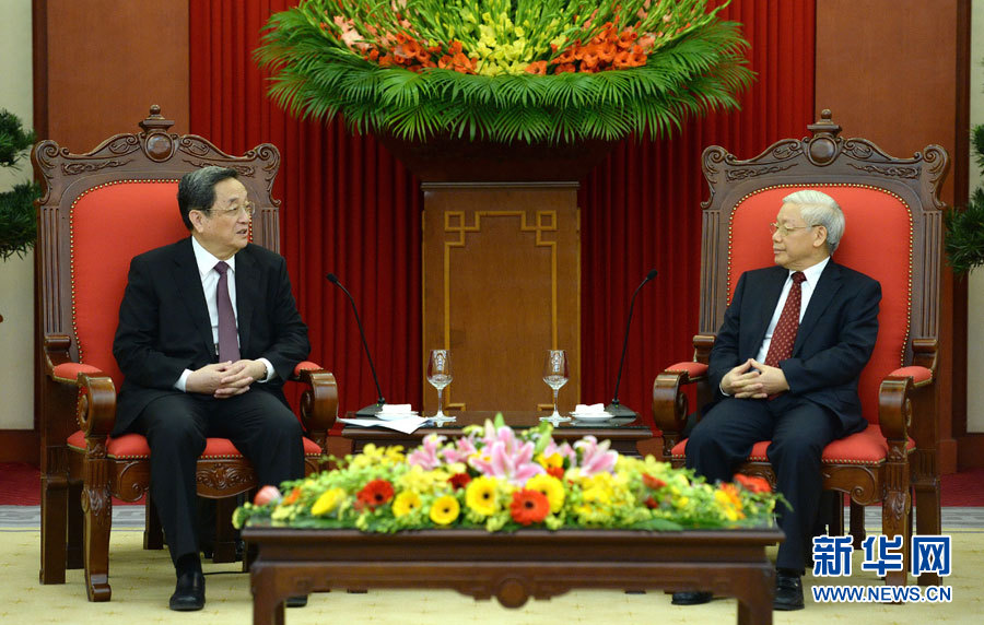 12月25日至27日，中共中央政治局常委、全國(guó)政協(xié)主席俞正聲對(duì)越南進(jìn)行正式訪問(wèn)。這是12月26日，俞正聲在河內(nèi)會(huì)見(jiàn)越共中央總書記阮富仲。 新華社記者馬占成攝