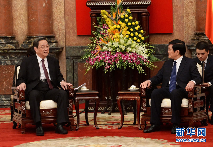 12月25日至27日，中共中央政治局常委、全國(guó)政協(xié)主席俞正聲對(duì)越南進(jìn)行正式訪問(wèn)。這是12月26日，俞正聲在河內(nèi)會(huì)見(jiàn)越南國(guó)家主席張晉創(chuàng)。 新華社記者劉建生攝